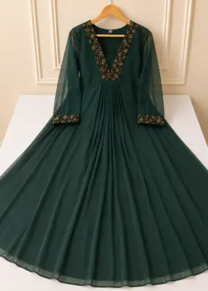 Elegant Georgette Umbrella Kurti Bottle Green-HIFI73