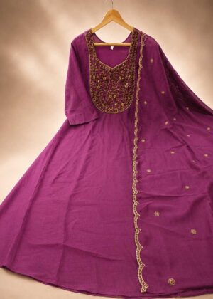 Wine Embroidered Umbrella Kurti with Dupatta-HIFI116