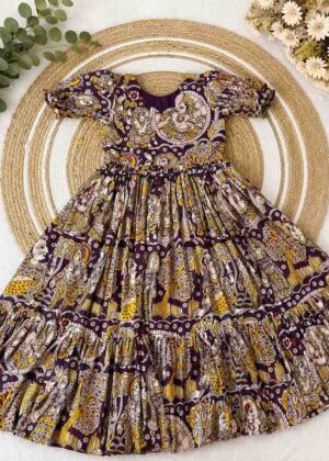 Soft Cotton Kalamkari Printed Flared Gown for Women-HIFI135