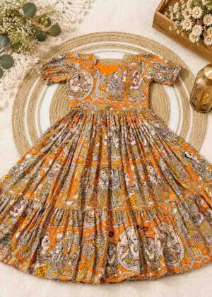 Soft Cotton Kalamkari Printed Flared Gown for Women-HIFI136