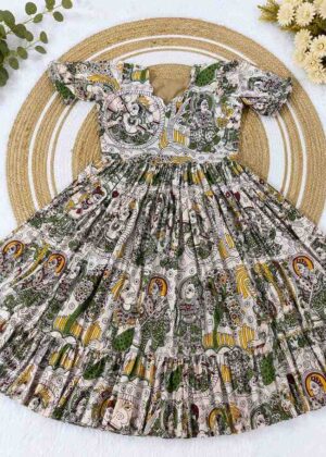 Soft Cotton Kalamkari Printed Flared Gown for Women-HIFI139
