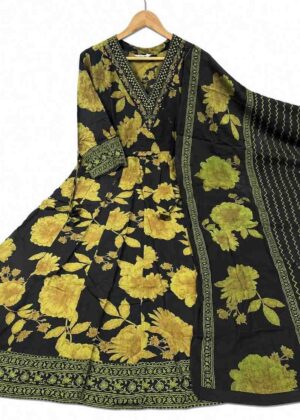 Premium Rayon Cotton Long Umbrella Kurti with Printed Dupatta-HIFI232