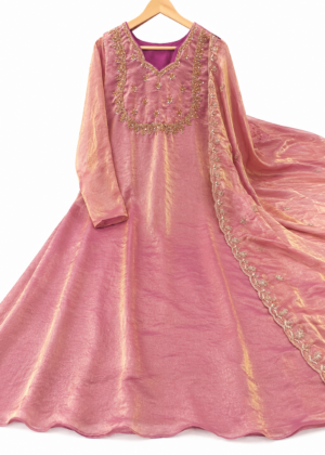 Premium Handwork Space Silk Umbrella Gown with Embroidered Shawl – HIFI256