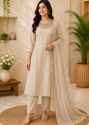 Premium Vichithra Silk 3 Piece Kurti Set with Stone Embroidery-HIFI158