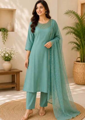 Premium Vichithra Silk 3 Piece Kurti Set with Stone Embroidery-HIFI159