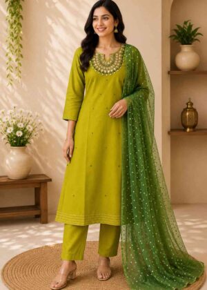 Premium Vichithra Silk 3 Piece Kurti Set with Stone Embroidery-HIFI161