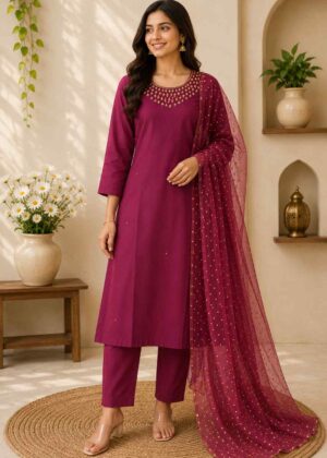 Premium Vichithra Silk 3 Piece Kurti Set with Stone Embroidery-HIFI160