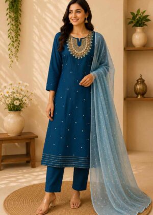 Premium Vichithra Silk 3 Piece Kurti Set with Stone Embroidery-HIFI162
