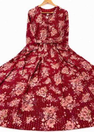 Floral Rayon Long Umbrella Frock with Belt – Sequin Print – HIFI255