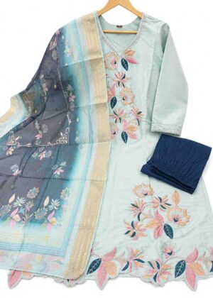 Premium Glass Silk Floral Embroidered 3-Piece Kurti Set with Organza Dupatta-HIFI380