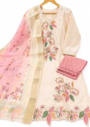 Premium Glass Silk Floral Embroidered 3-Piece Kurti Set with Organza Dupatta-HIFI381