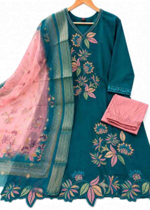 Premium Glass Silk Floral Embroidered 3-Piece Kurti Set with Organza Dupatta-HIFI382