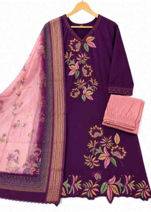 Premium Glass Silk Floral Embroidered 3-Piece Kurti Set with Organza Dupatta-HIFI383