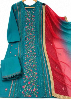 Premium Roman Silk Floral Embroidered 3-Piece Kurti Set – HIFI244