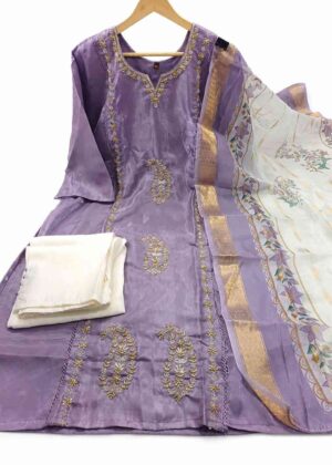Premium Shimmer Silk Floral Embroidered 3-Piece Kurti Set – HIFI243