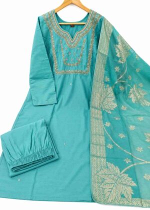 Trending Aari Work 3 Piece Kurti Set with Banarasi Dupatta | Round Neck-HIFI229