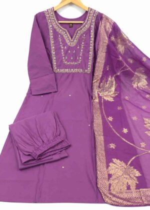 Trending Aari Work 3 Piece Kurti Set with Banarasi Dupatta | Round Neck-HIFI230
