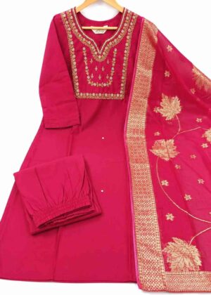 Trending Aari Work 3 Piece Kurti Set with Banarasi Dupatta | Round Neck-HIFI227