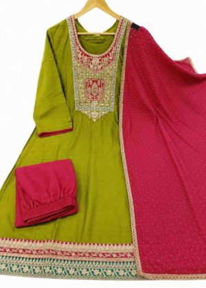 Premium Vichithra Silk Embroidered 3-Piece Kurti Set – HIFI241
