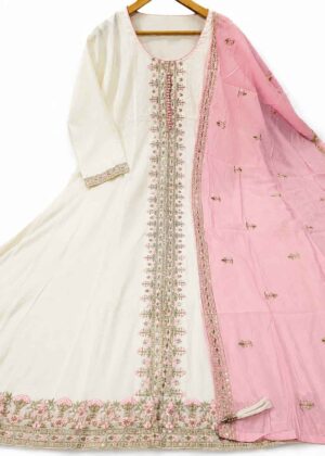 Premium Roman Silk Embroidered Anarkali Set with Dupatta-HIFI266