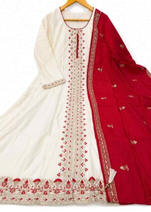 Premium Roman Silk Embroidered Anarkali Set with Dupatta-HIFI265