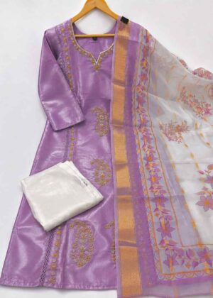 Lavender Gloss Silk 3-Piece Kurti Set with Organza Dupatta-HIFI405