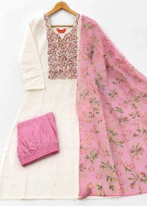 White Elegant Roman Silk 3-Piece Kurti Set with Organza Dupatta - HIFI406